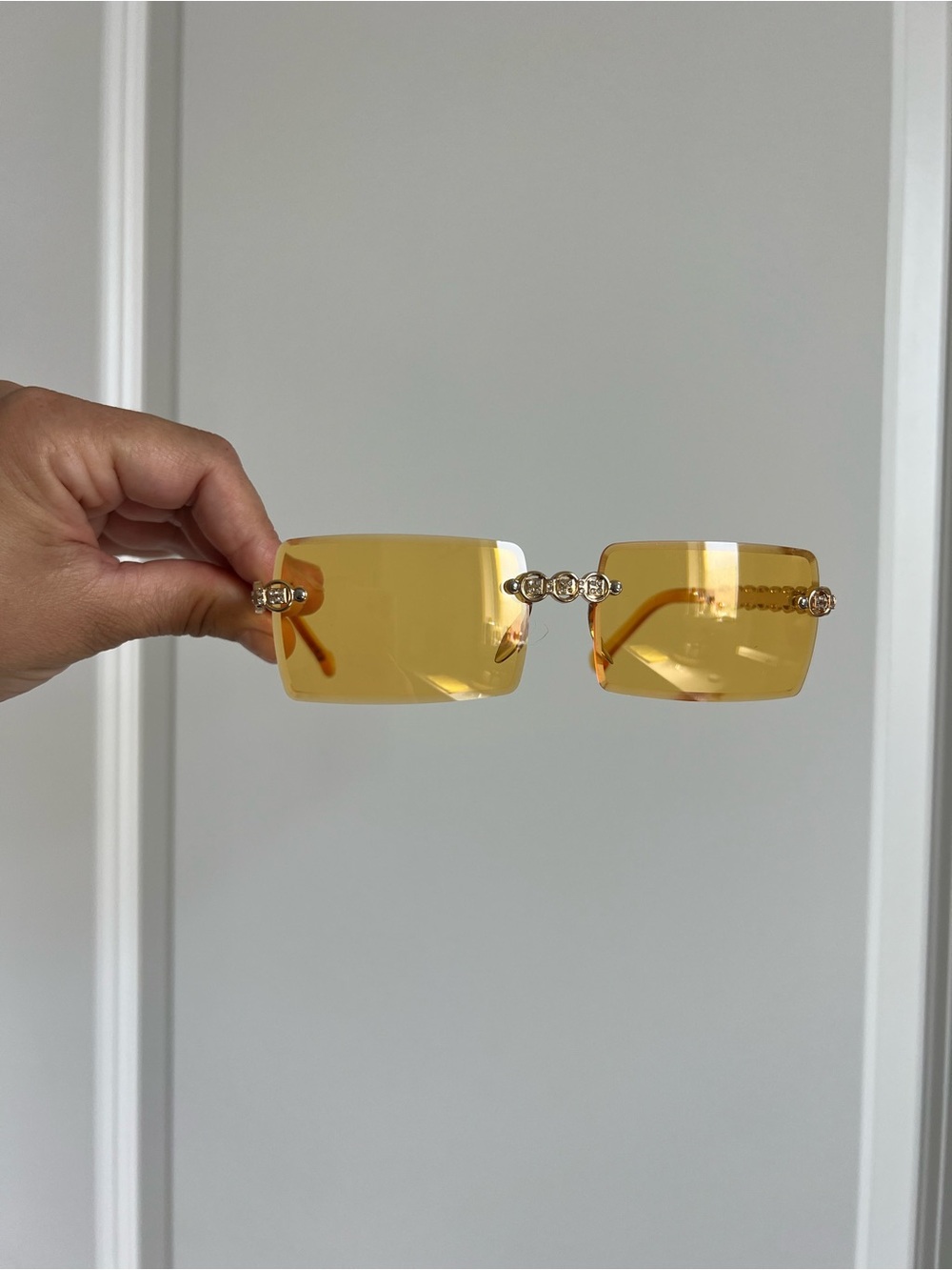 Yellow Rimless Rectangle Sunglasses with Gold Accents